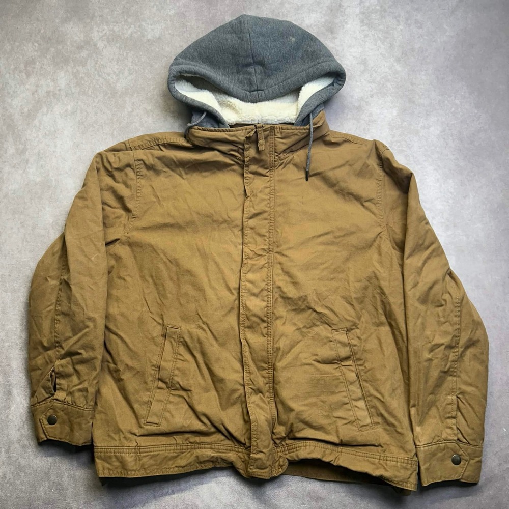 American Eagle Mens XL Canvas Hooded Jacket Tan Plaid Sherpa Lined Workwear